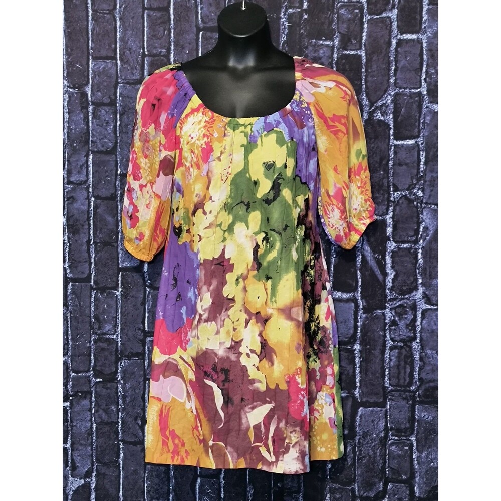 Oleg Cassini Scoop Neck Shift Dress Women Size10 Floral 3/4 Elastic Cuff Sleeves